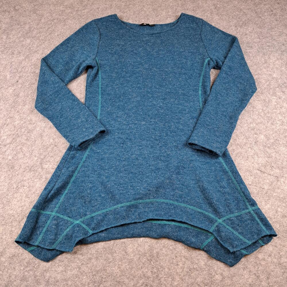 Yak n Yeti Sweater Womens Small Blue Teal Tunic Asymmetrical Hem Long Sleeve